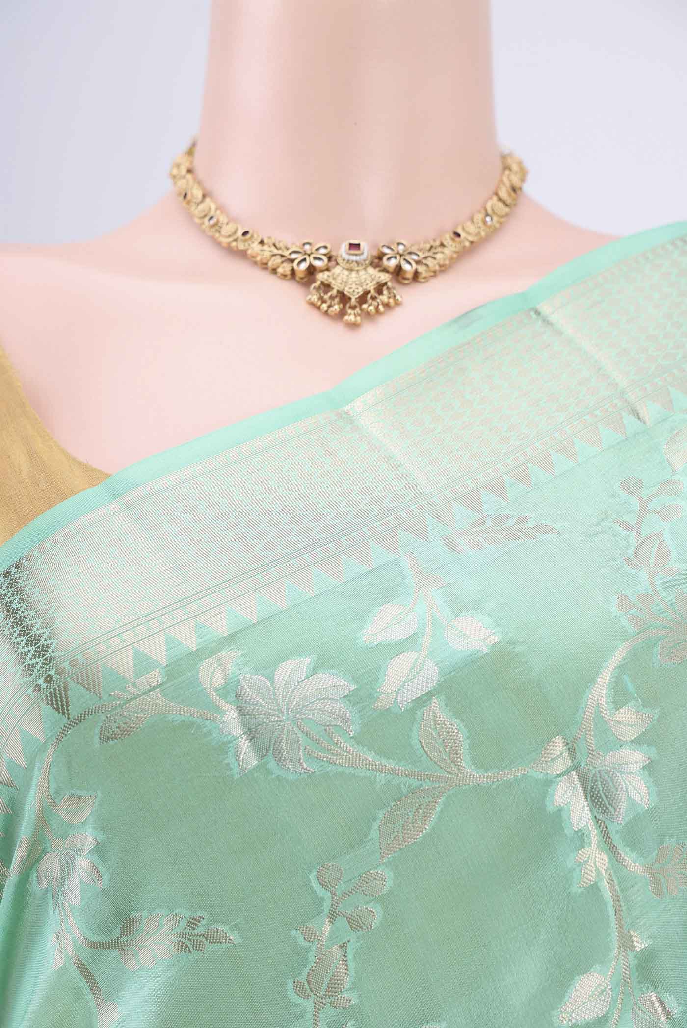 Border image of Mint Green Banarasi Raw Silk Saree with Zari Brocade on the body and Zari Border. 