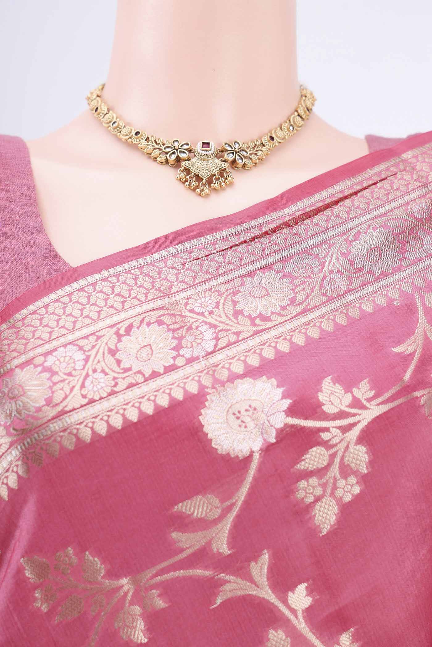 Border image of Pink Banarasi Raw Silk Saree with Zari Butta on the body and Zari Border. 