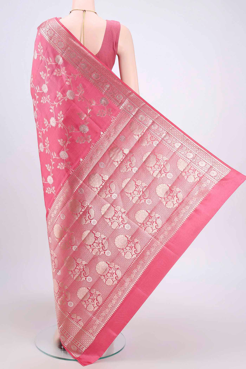 Flat view of Pink Banarasi Raw Silk Saree with Zari Butta on the body and Zari Border. 