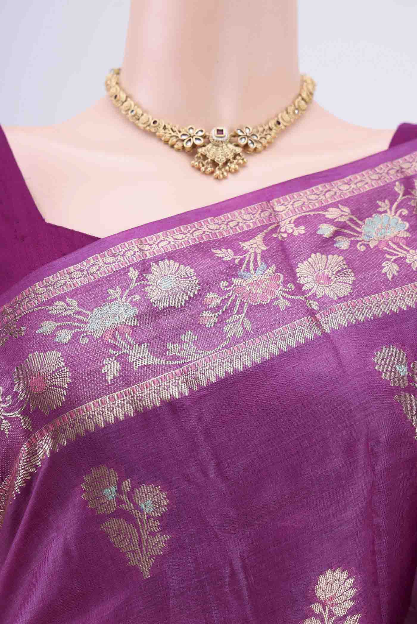 Border image of Purple Banarasi Tussar Silk Saree with Zari Butta on the body and Zari And Thread Border. 