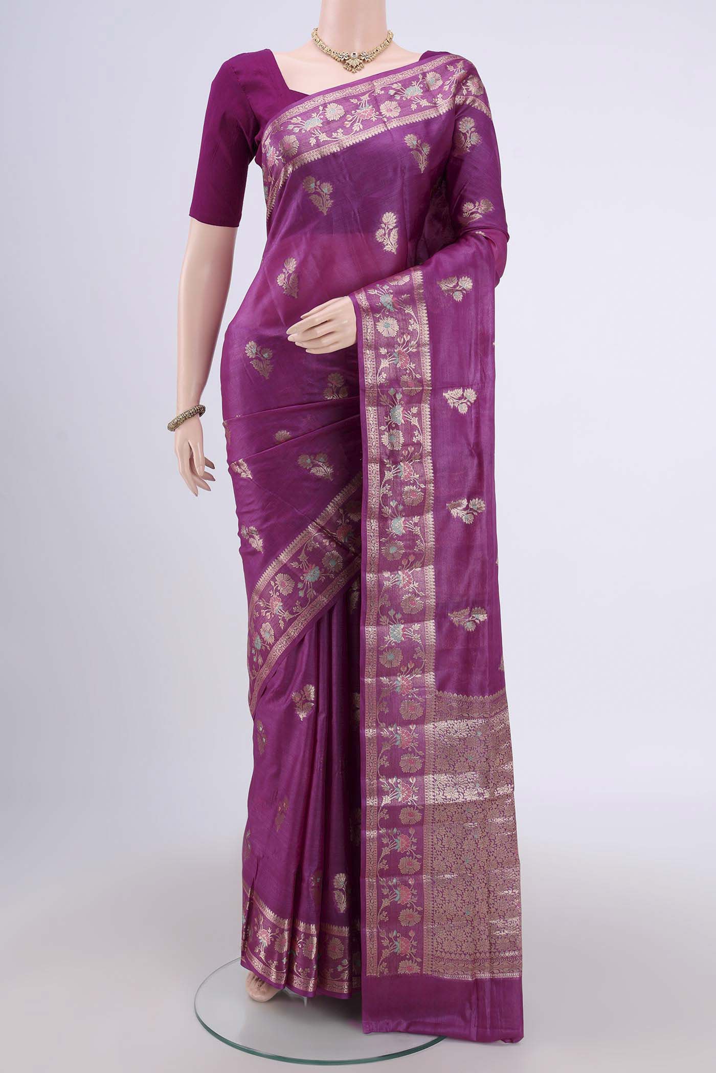 Purple Banarasi Tussar Silk Saree with Zari Butta on the body and Zari And Thread Border.  displayed on a mannequin