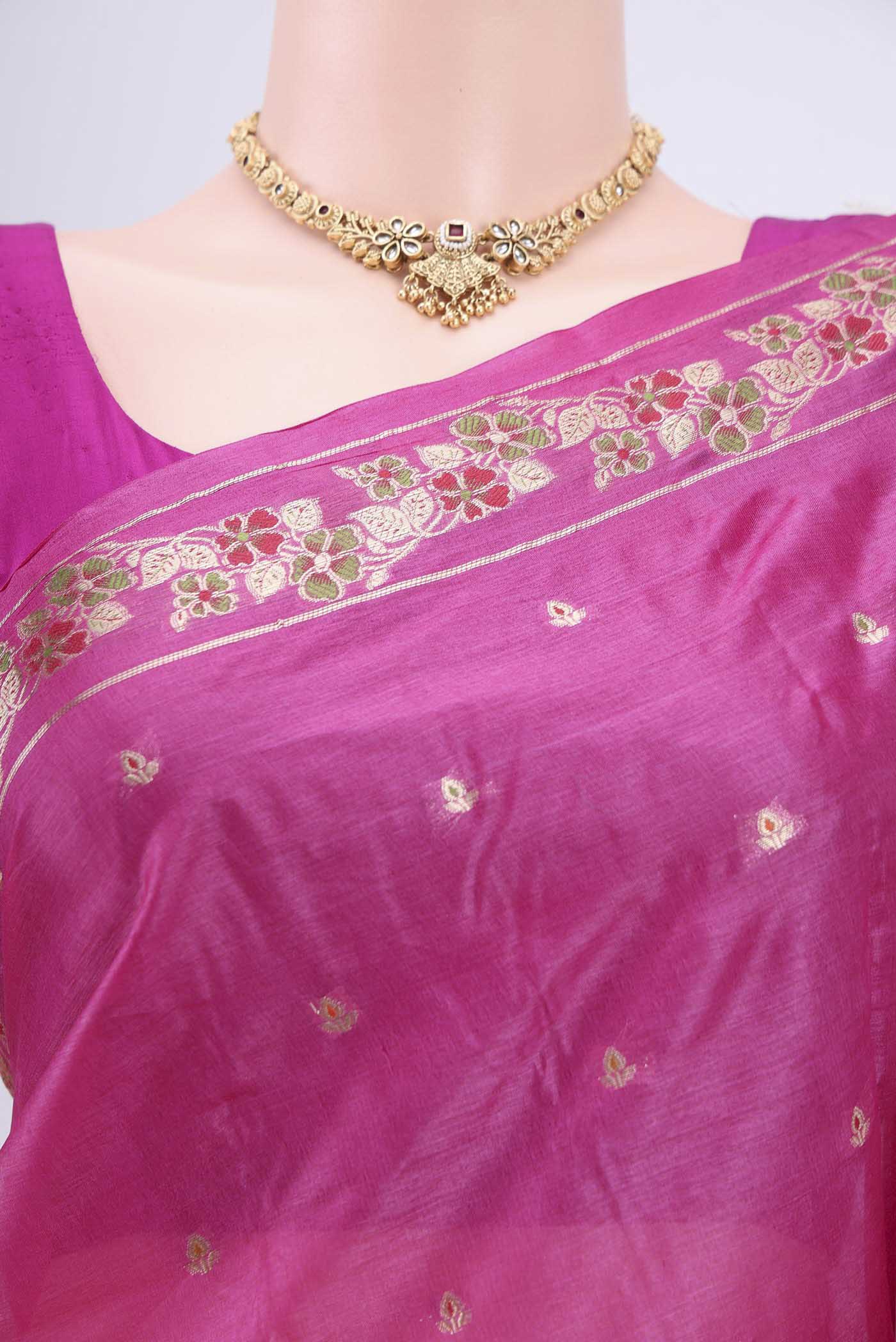Border image of Rani Pink Banarasi Tussar Silk Saree with Zari Butta on the body and Zari Border. 