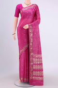 Rani Pink Banarasi Tussar Silk Saree with Zari Butta on the body and Zari Border.  displayed on a mannequin