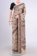 Beige Kantha Silk Saree with Kantha Work on the body and Thread Border.  displayed on a mannequin