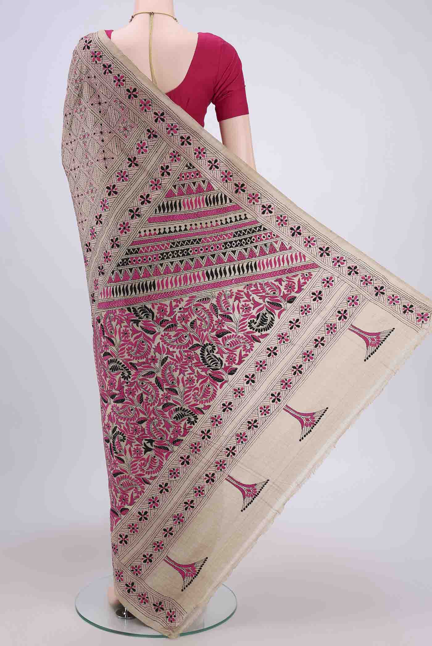 Flat view of Beige Kantha Silk Saree with Kantha Work on the body and Thread Border. 