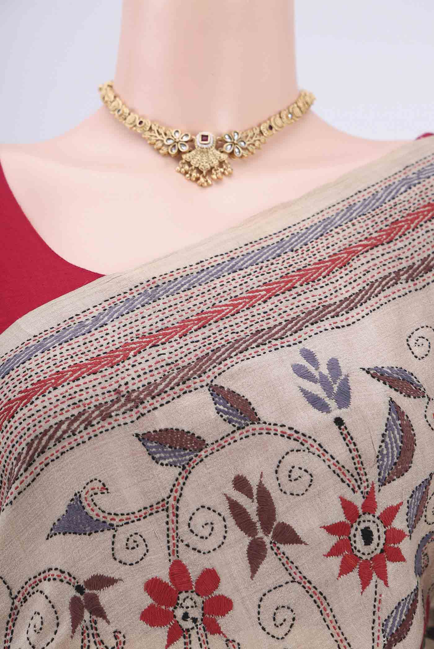 Border image of Beige Kantha Silk Saree with Kantha Work on the body and Thread Border. 