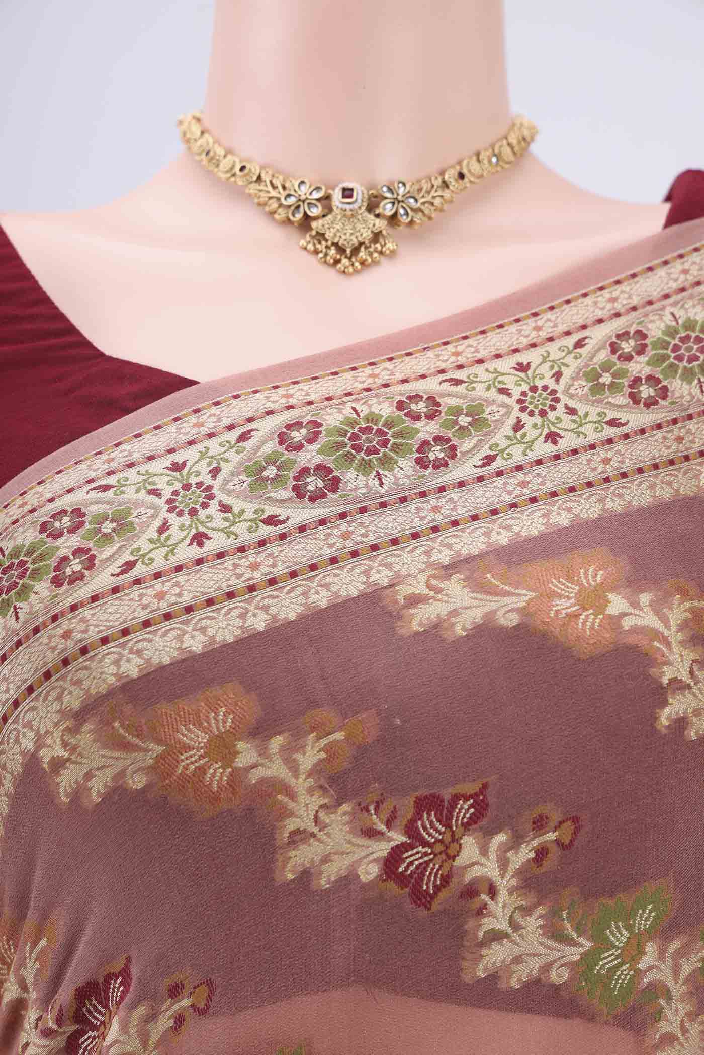 Border image of Rose Gold Blended Banarasi Georgette Saree with Thread Brocade on the body and Thread Border. 