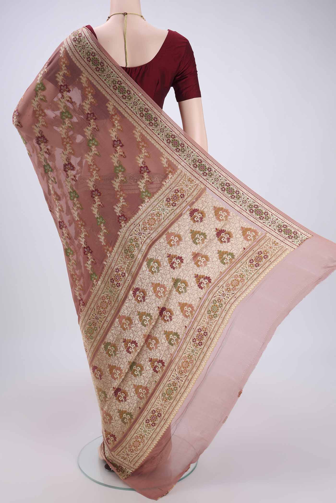 Flat view of Rose Gold Blended Banarasi Georgette Saree with Thread Brocade on the body and Thread Border. 
