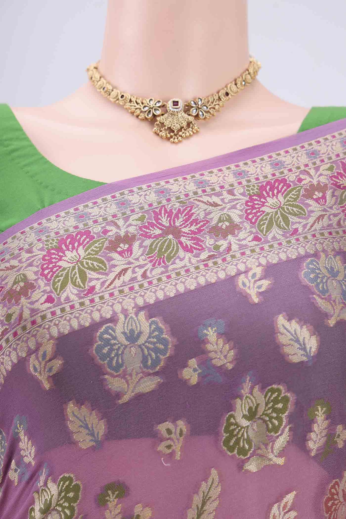 Border image of Mauve Blended Banarasi Georgette Saree with Thread Brocade on the body and Thread Border. 