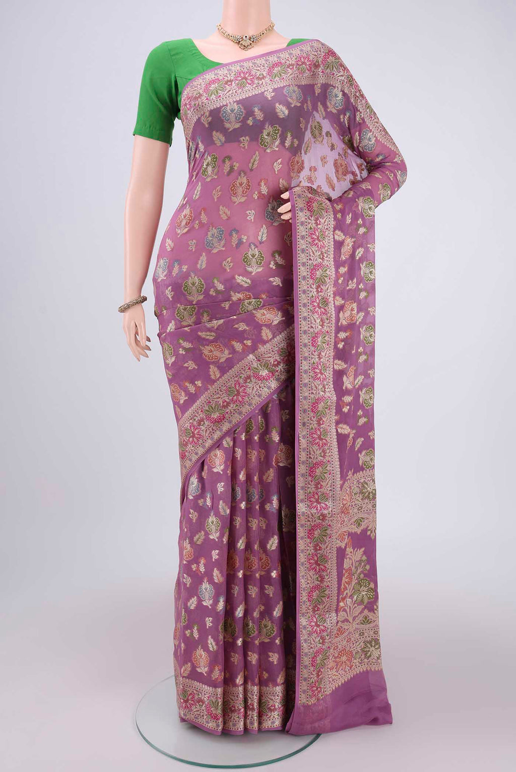 Mauve Blended Banarasi Georgette Saree with Thread Brocade on the body and Thread Border.  displayed on a mannequin
