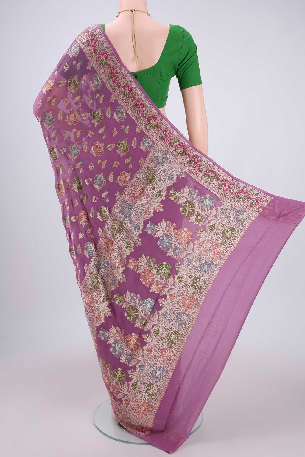 Flat view of Mauve Blended Banarasi Georgette Saree with Thread Brocade on the body and Thread Border. 