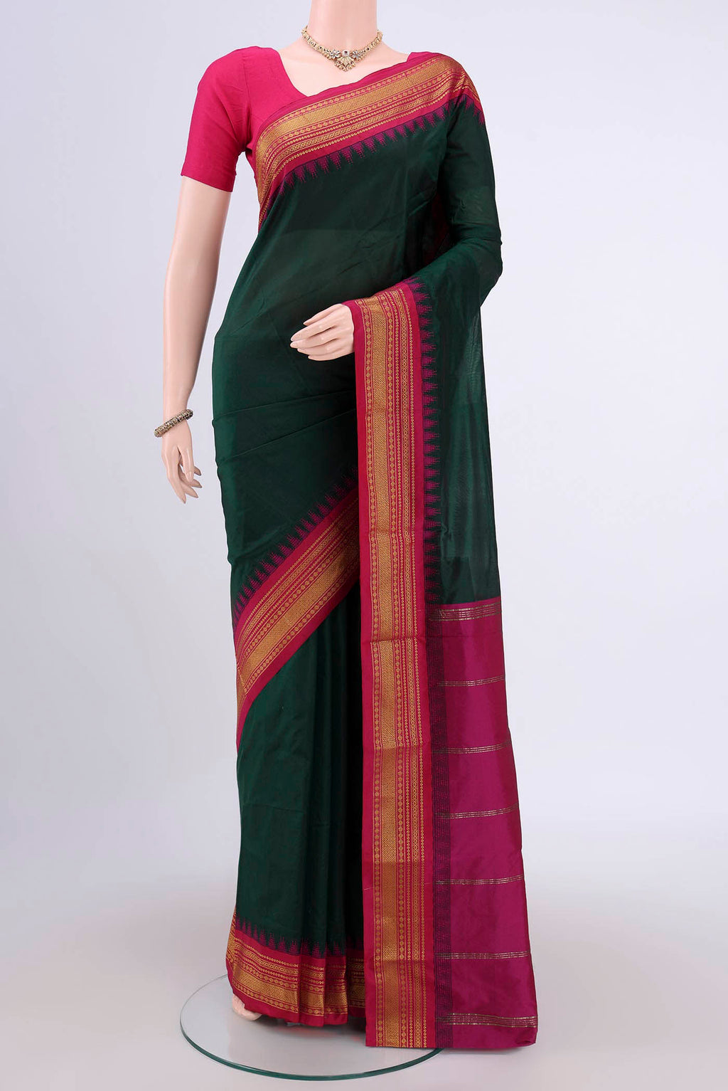 Maroon Dual Tone Blended Bangalore Silk Saree with Plain Body and Zari Border.  displayed on a mannequin