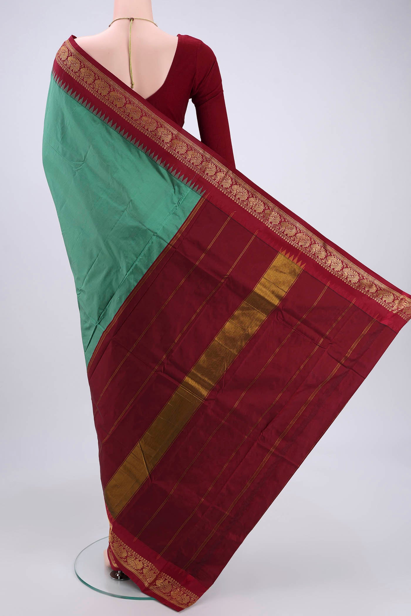 Flat view of Sage Green Blended Bangalore Silk Saree with Zari Butta on the body and Zari Border. 