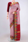 Coral Blended Bangalore Silk Saree with Zari Butta on the body and Temple Border.  displayed on a mannequin