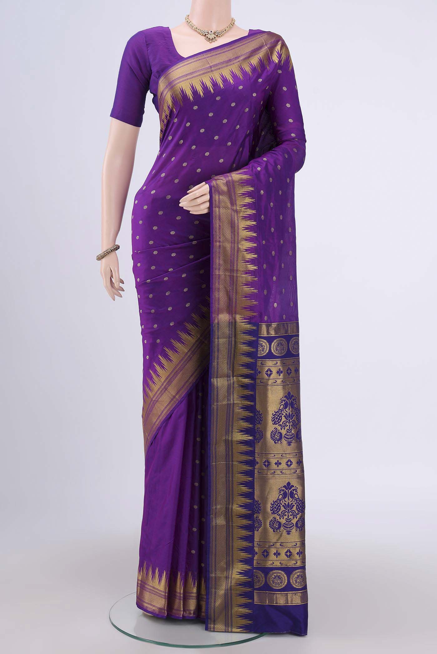 Purple Dual Tone Blended Bangalore Silk Saree with Zari Butta on the body and Temple Border.  displayed on a mannequin