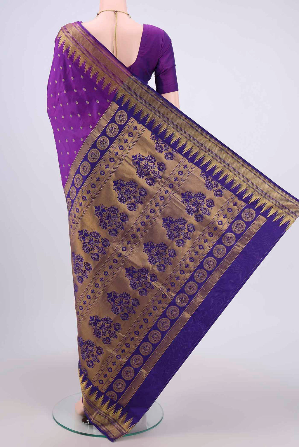 Flat view of Purple Dual Tone Blended Bangalore Silk Saree with Zari Butta on the body and Temple Border. 
