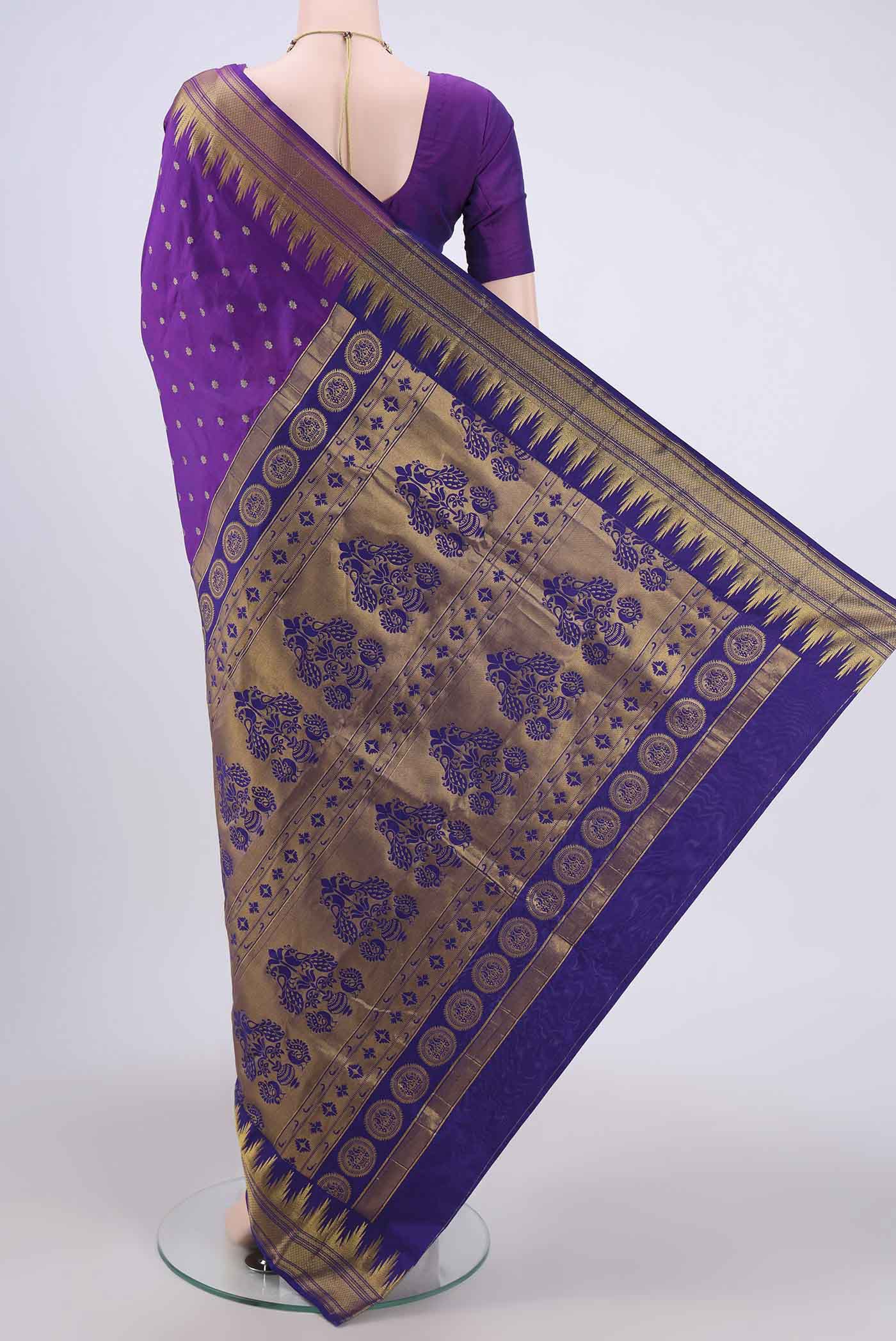 Flat view of Purple Dual Tone Blended Bangalore Silk Saree with Zari Butta on the body and Temple Border. 