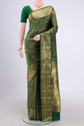 Green Bangalore Silk Saree with Zari Brocade on the body and Zari Border.  displayed on a mannequin