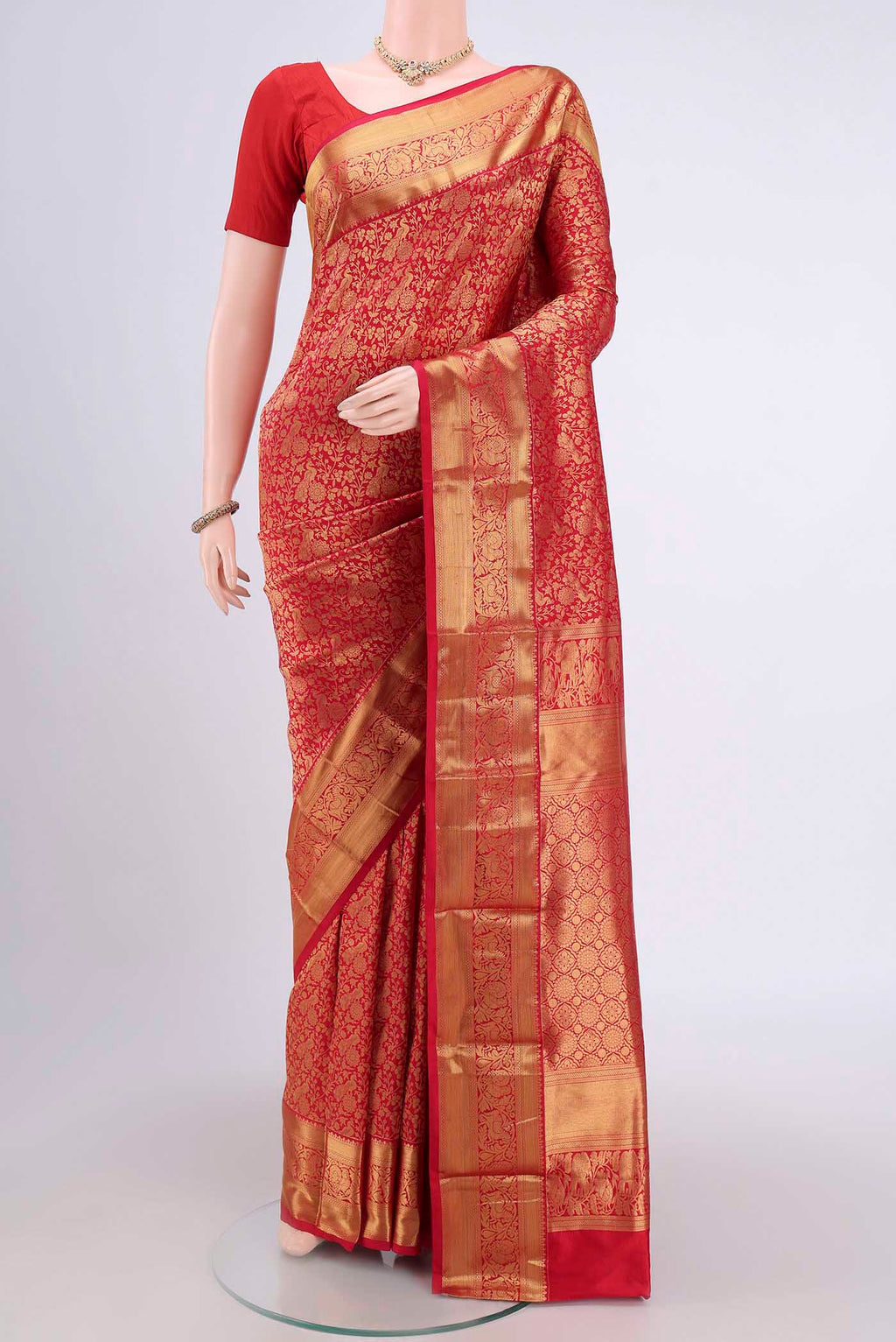 Red Bangalore Silk Saree with Zari Brocade on the body and Zari Border.  displayed on a mannequin