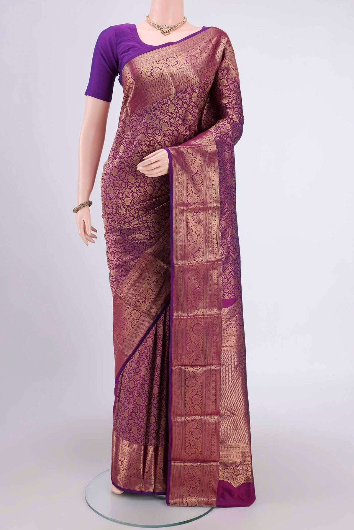 Purple Bangalore Silk Saree with Zari Brocade on the body and Zari Border.  displayed on a mannequin