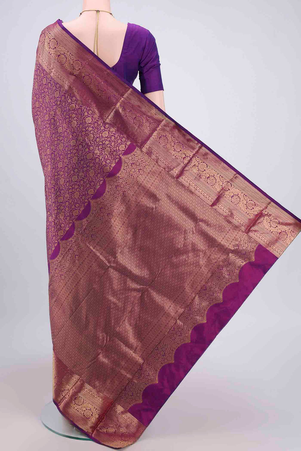 Flat view of Purple Bangalore Silk Saree with Zari Brocade on the body and Zari Border. 