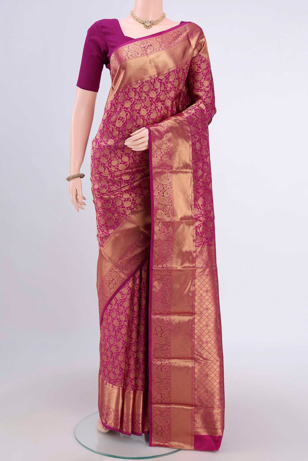 Magenta Bangalore Silk Saree with Zari Brocade on the body and Zari Border.  displayed on a mannequin