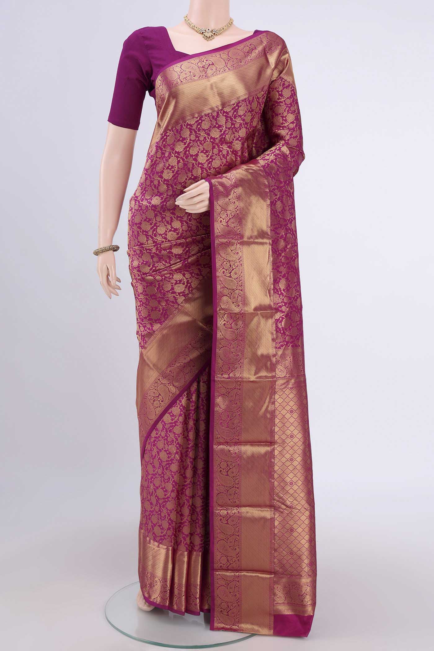 Magenta Bangalore Silk Saree with Zari Brocade on the body and Zari Border.  displayed on a mannequin