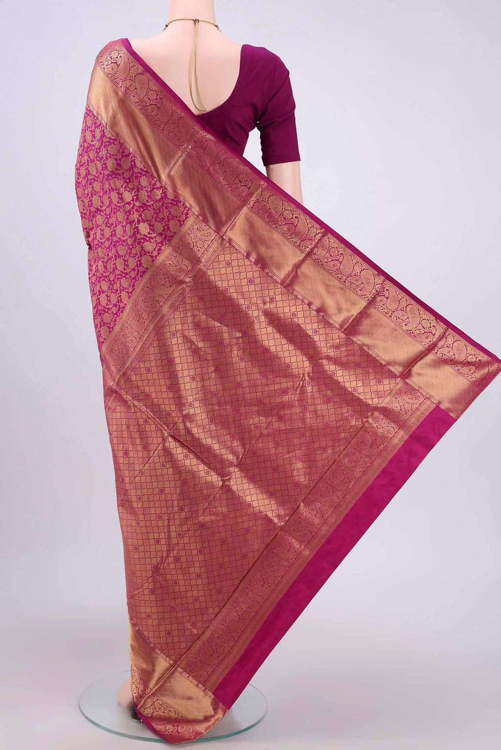 Flat view of Magenta Bangalore Silk Saree with Zari Brocade on the body and Zari Border. 