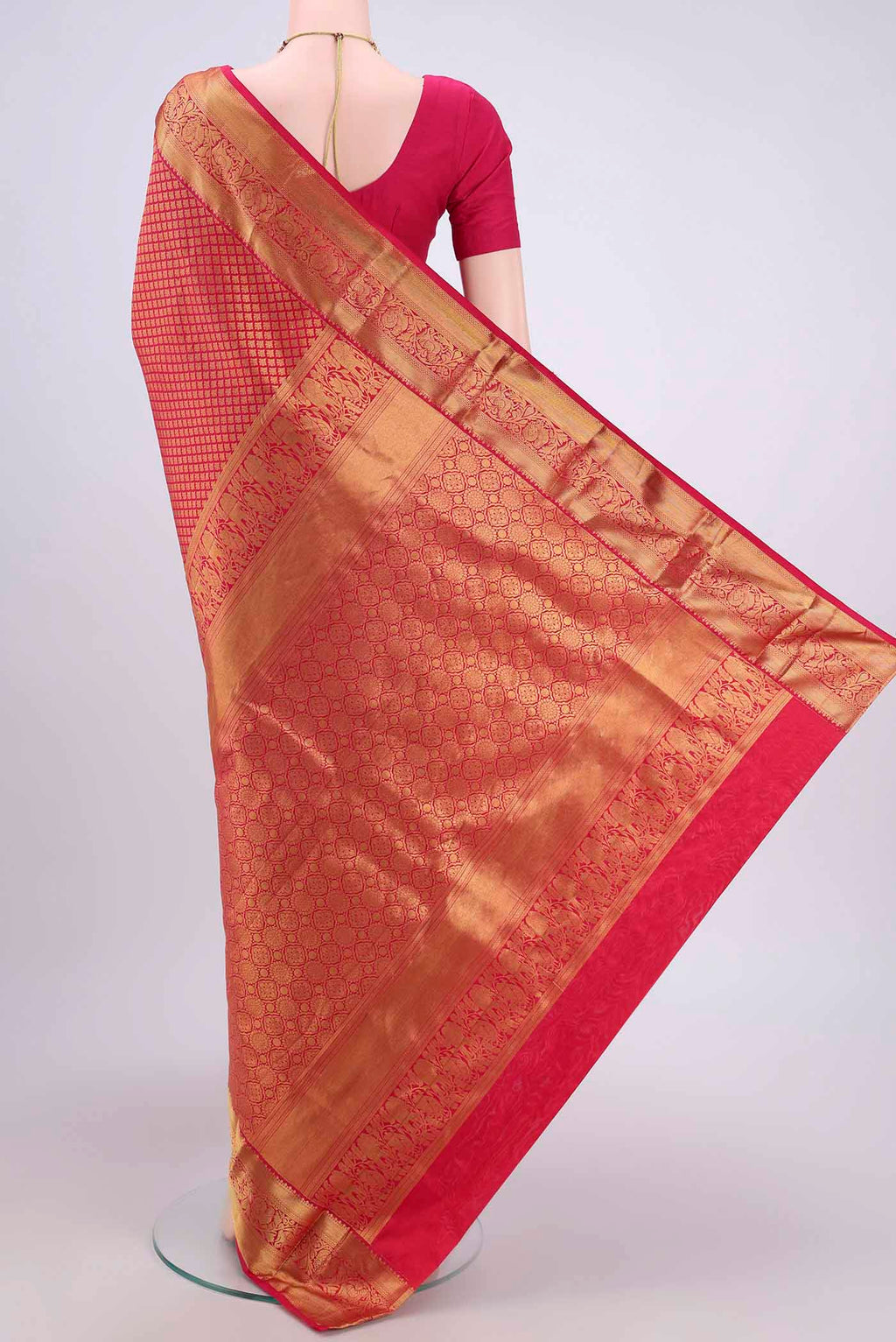 Flat view of Dark Pink Bangalore Silk Saree with Zari Brocade on the body and Zari Border. 