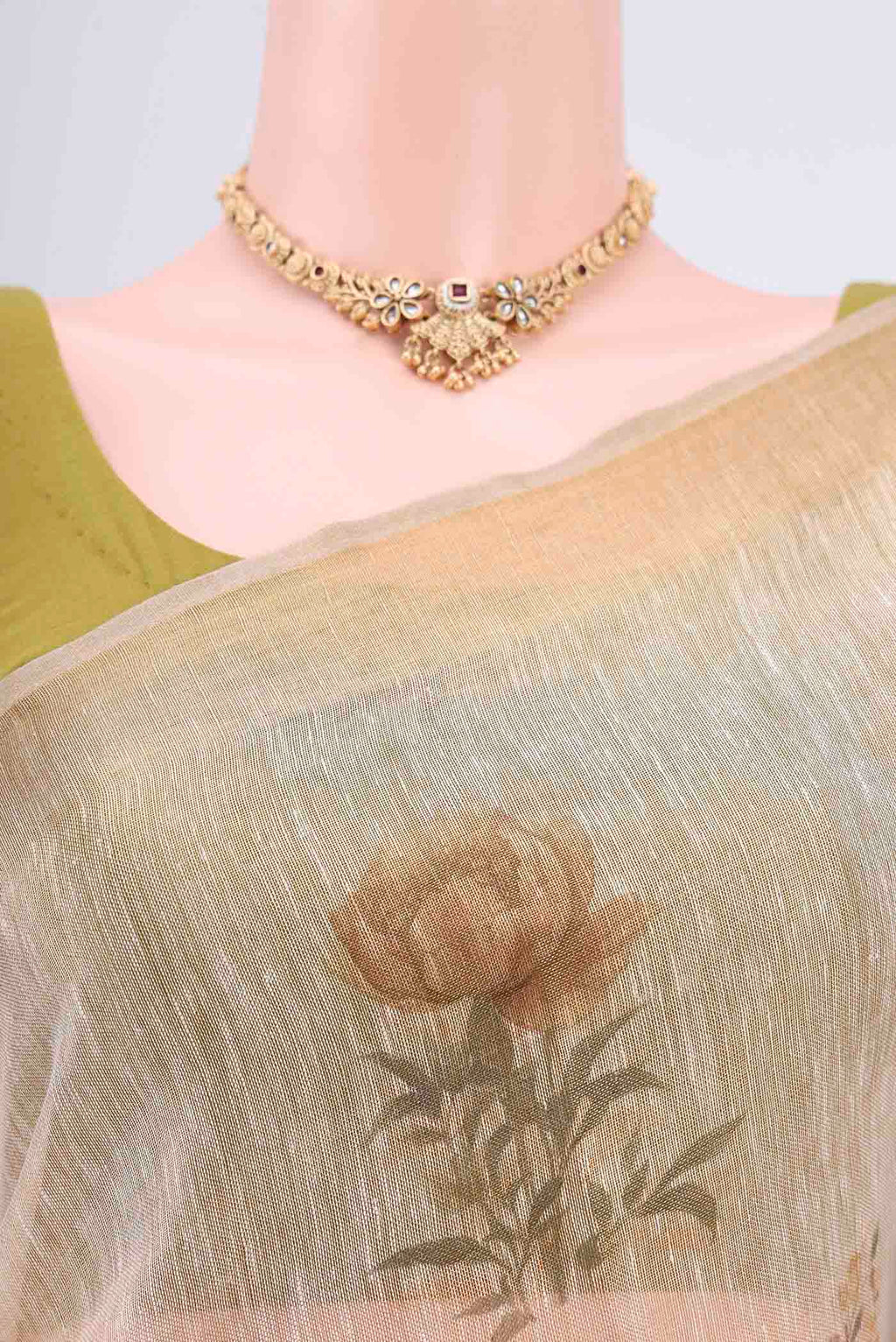 Border image of Mustard Linen Cotton Saree with Floral Print on the body and Zari Border. 