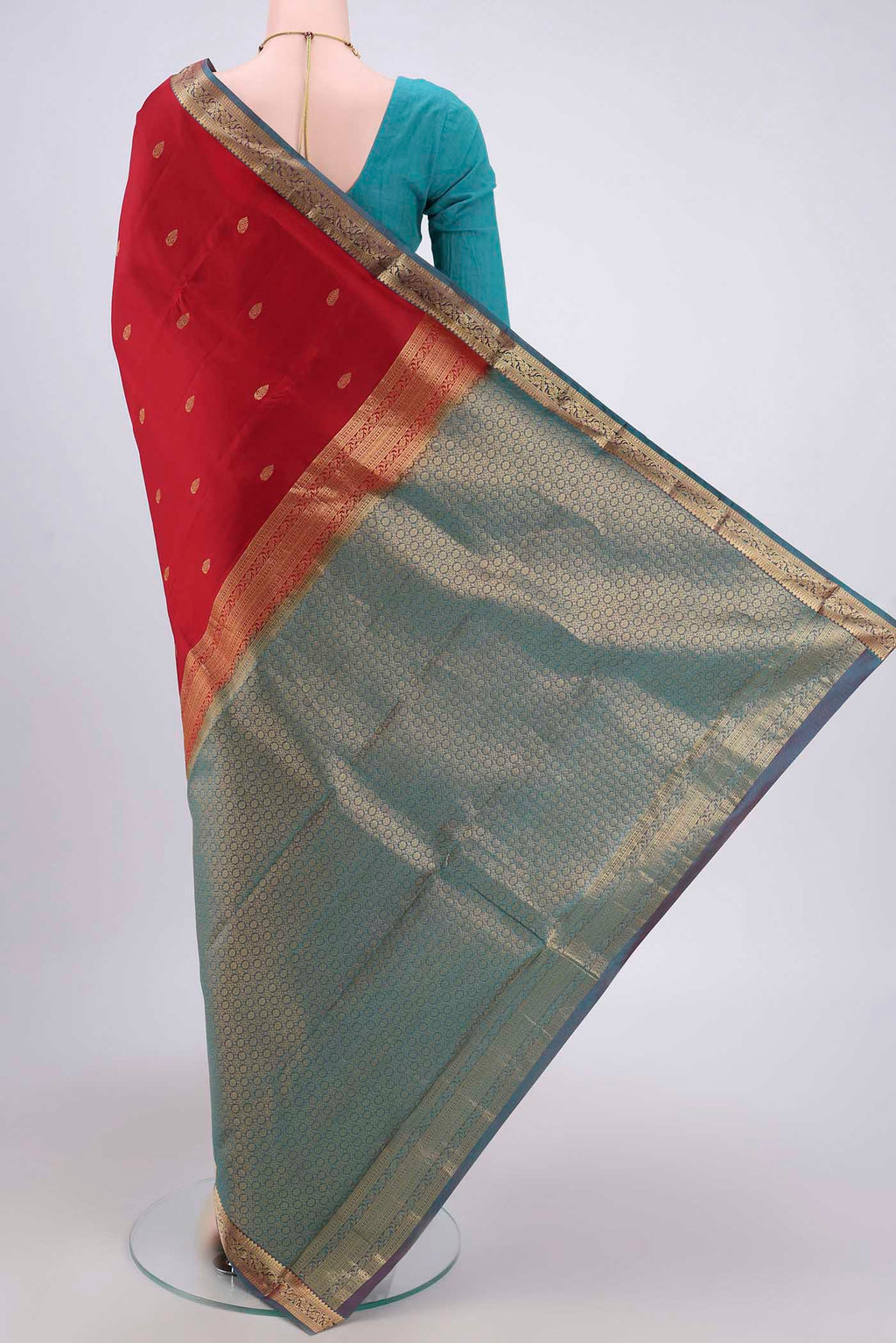 Flat view of Maroon Dual Tone Nangavalli Silk [ Salem ] Saree with Zari Butta on the body and Zari Border. 