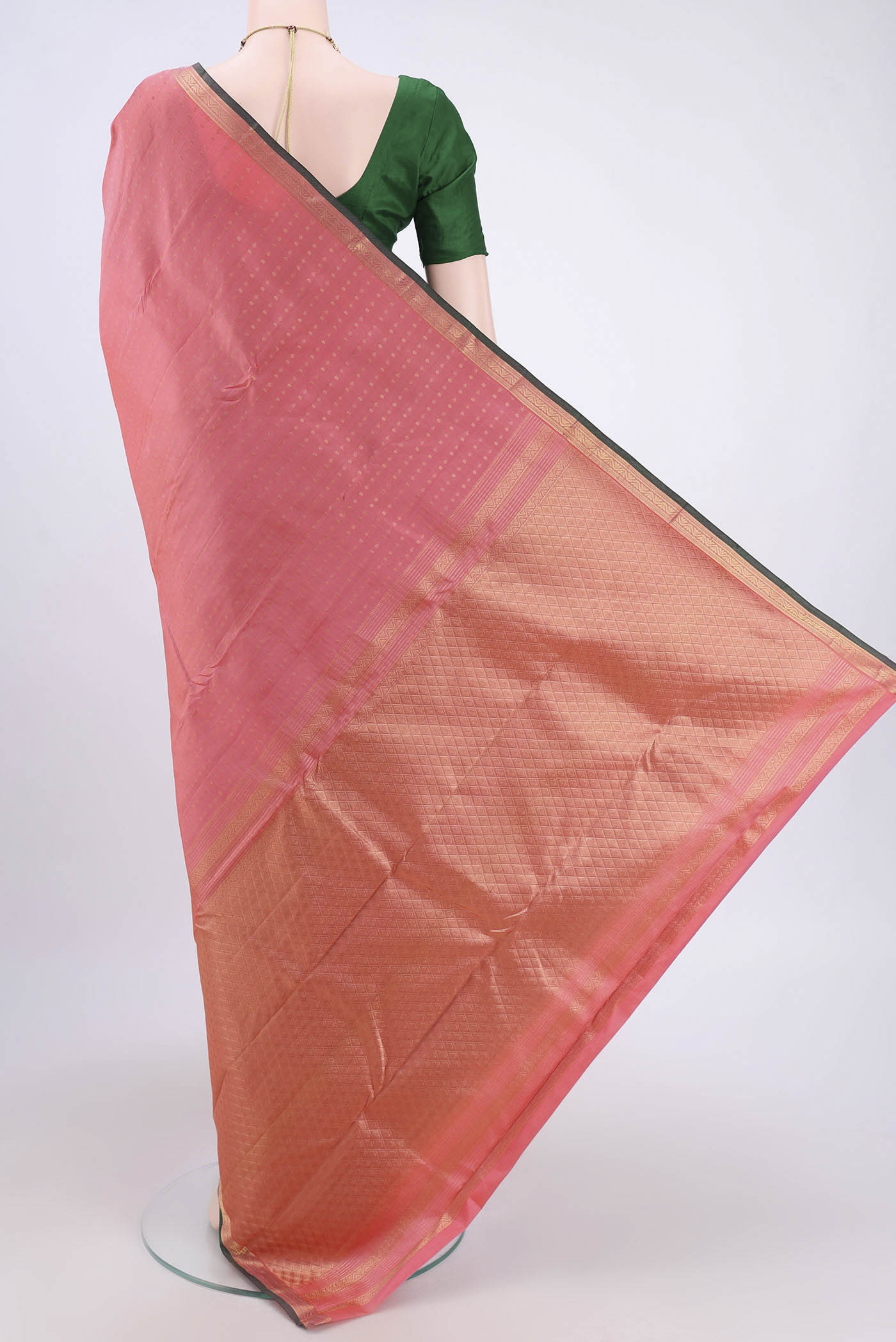 Flat view of Peach Dual Tone Nangavalli Silk [ Salem ] Saree with Zari Butta on the body and Zari Border. 