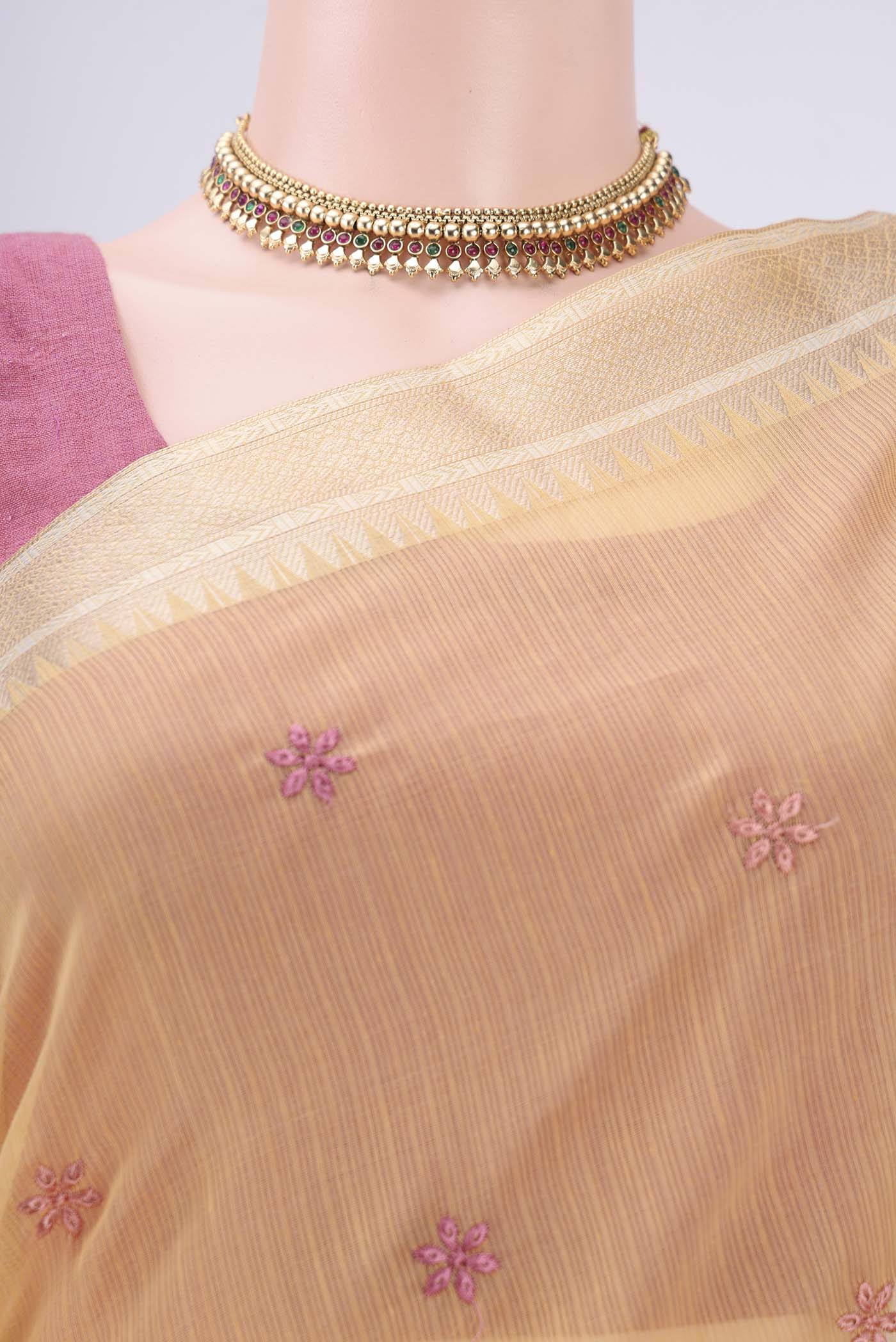 Border image of Yellow Kota Silk Saree with Embroidery on the body and Plain Border. 