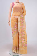 Yellow Kota Silk Saree with Embroidery on the body and Plain Border.  displayed on a mannequin