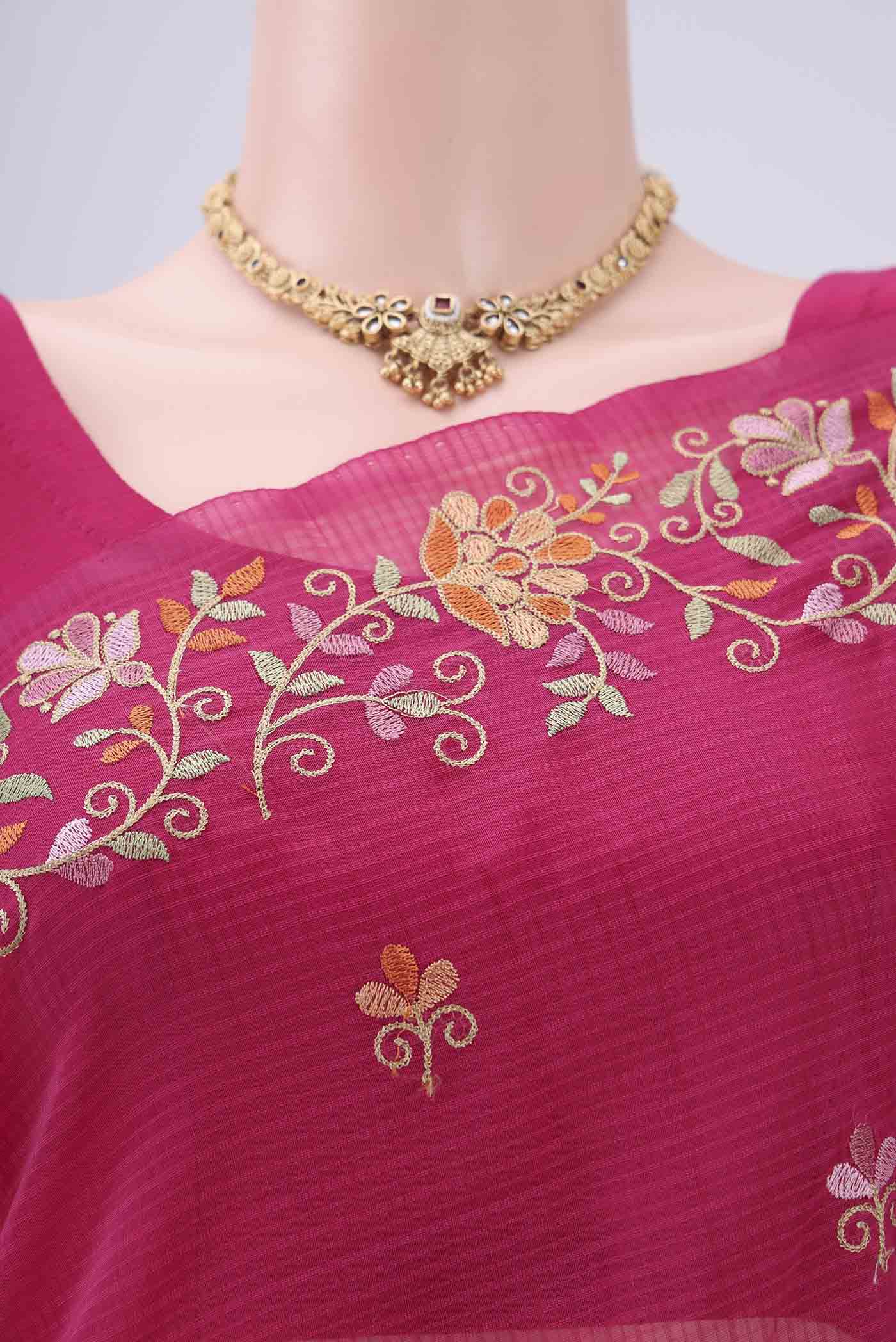 Border image of Pink Coimbatore Silk Cotton Saree with Embroidery on the body and Plain Border. 