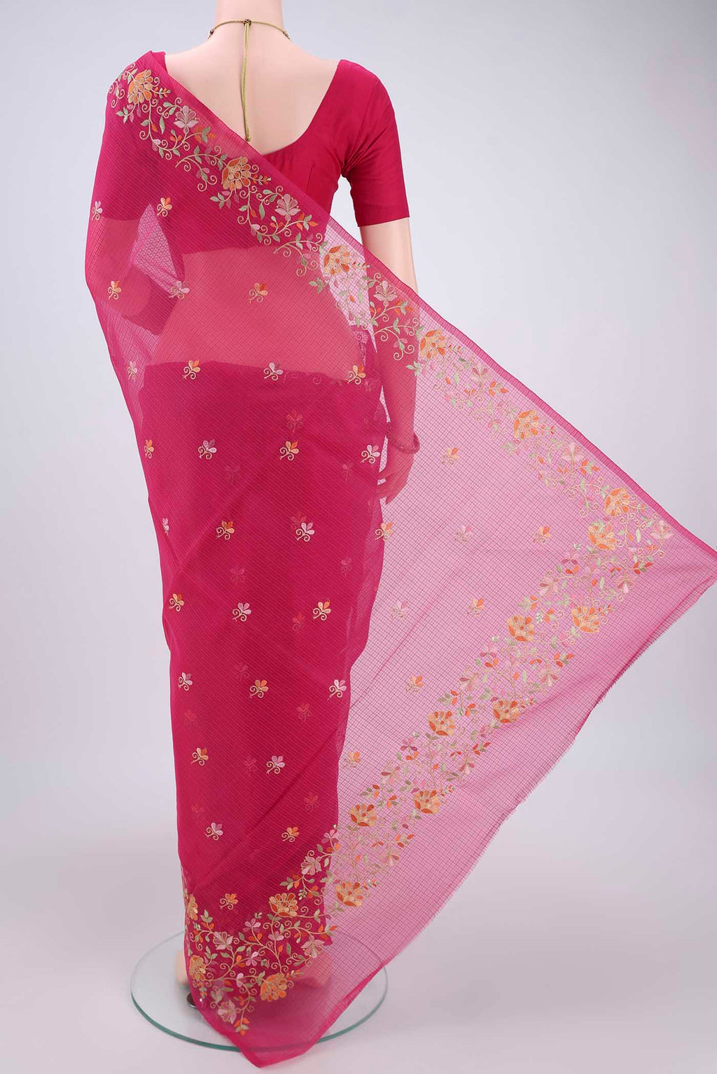 Flat view of Pink Coimbatore Silk Cotton Saree with Embroidery on the body and Plain Border. 