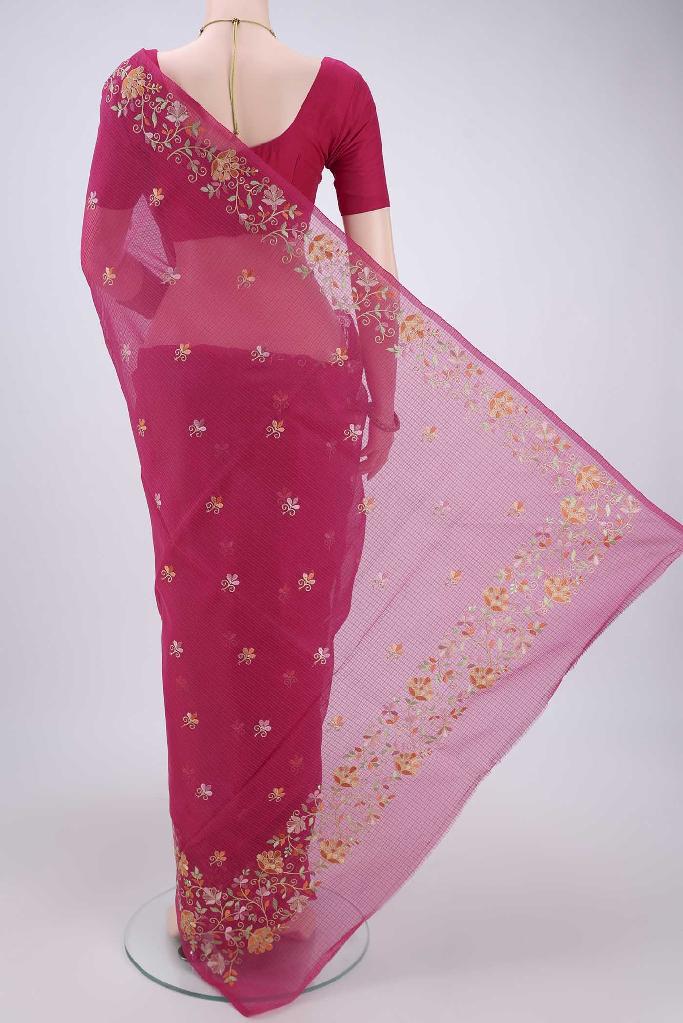 Flat view of Pink Coimbatore Silk Cotton Saree with Embroidery on the body and Plain Border. 