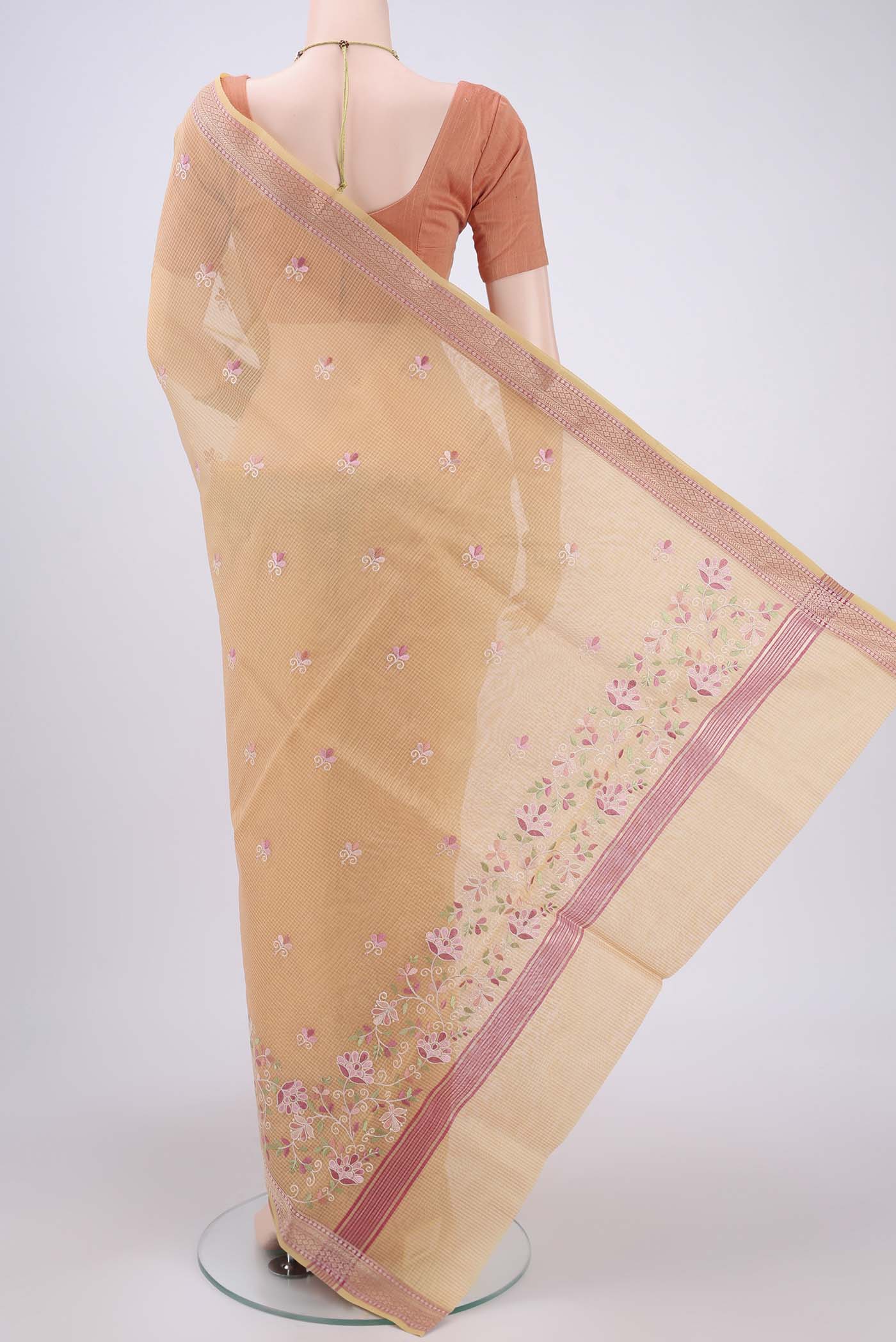 Flat view of Yellow Coimbatore Silk Cotton Saree with Embroidery on the body and Plain Border. 