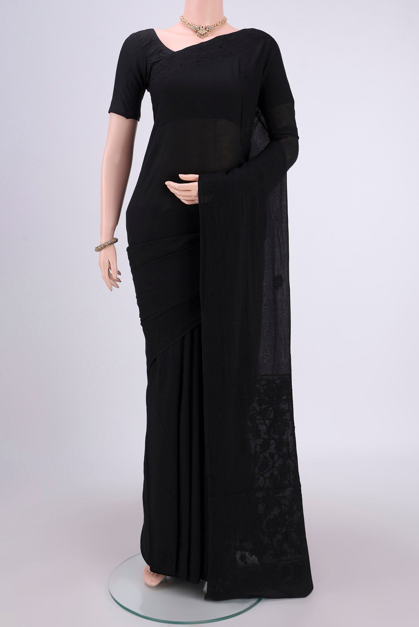 Black Bengal Cotton - Kantha Saree with Plain Body and Thread Border.  displayed on a mannequin