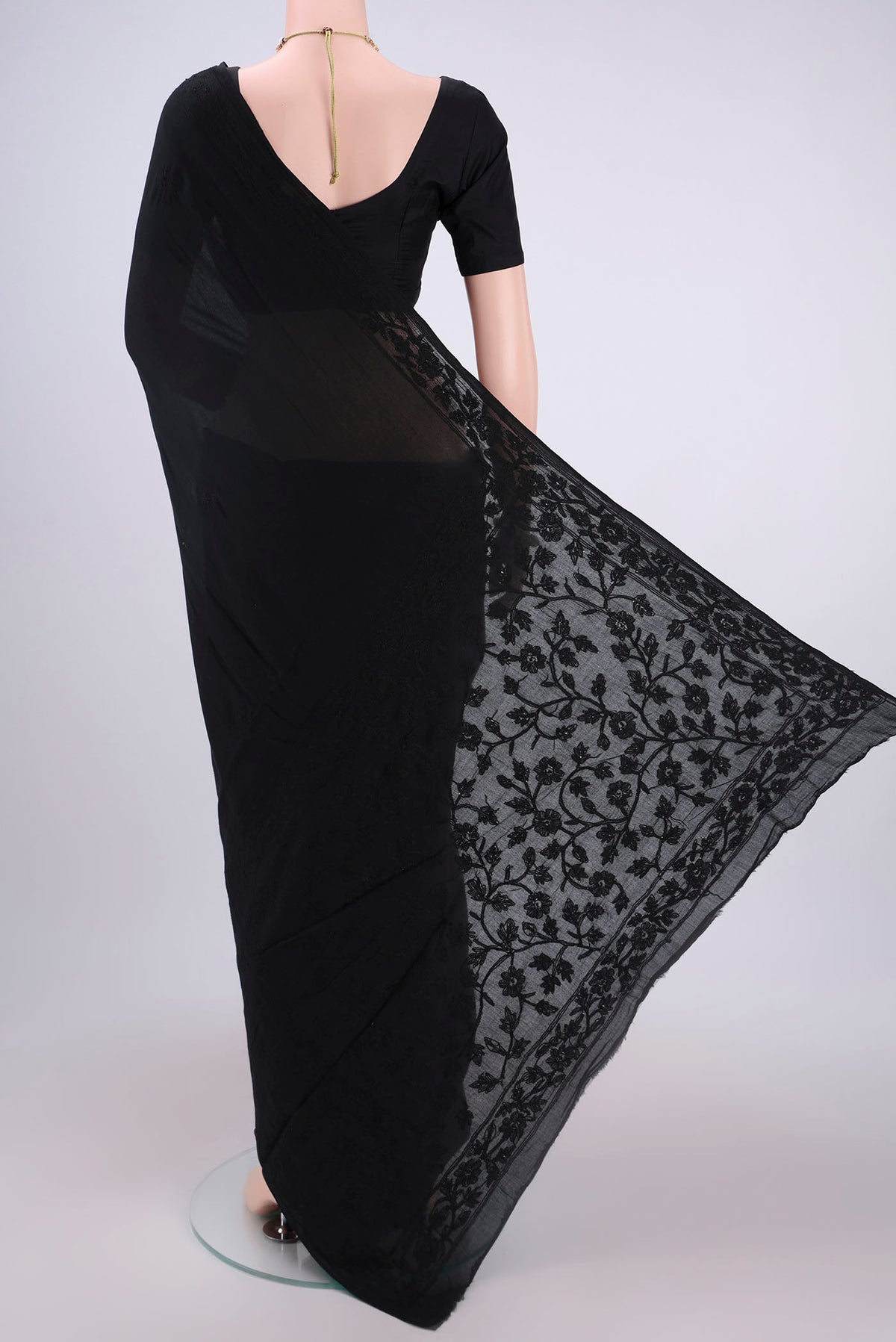 Flat view of Black Bengal Cotton - Kantha Saree with Plain Body and Thread Border. 