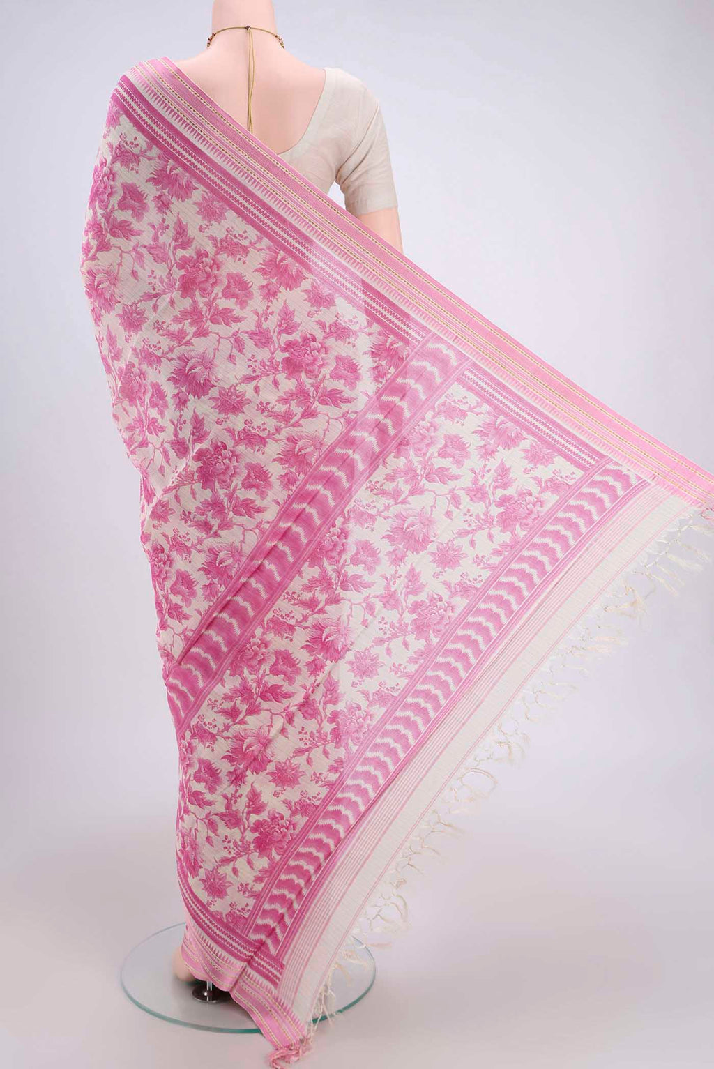 Flat view of Cream Tussar Saree with Floral Print on the body and Thread Border. 