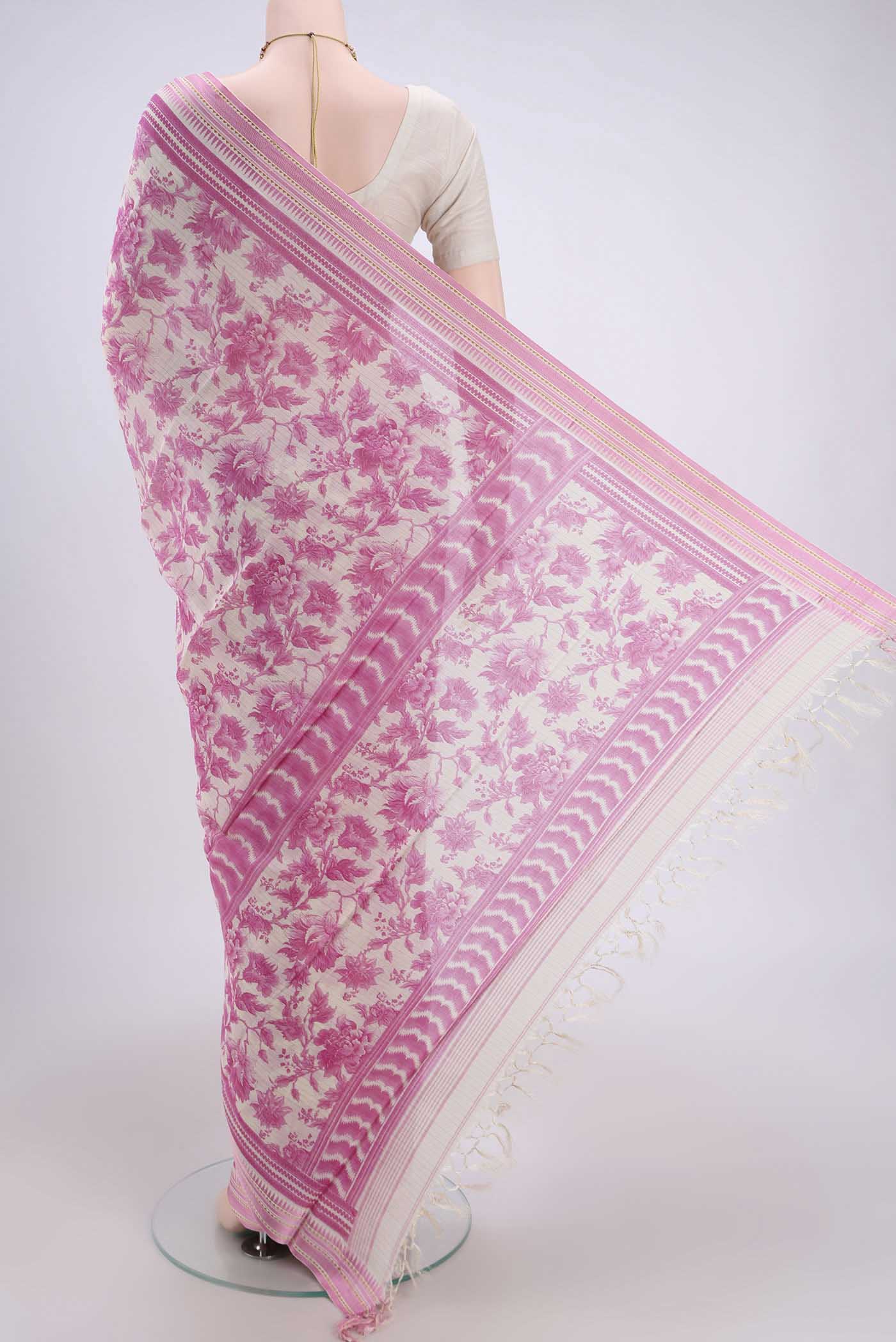 Flat view of Cream Tussar Saree with Floral Print on the body and Thread Border. 
