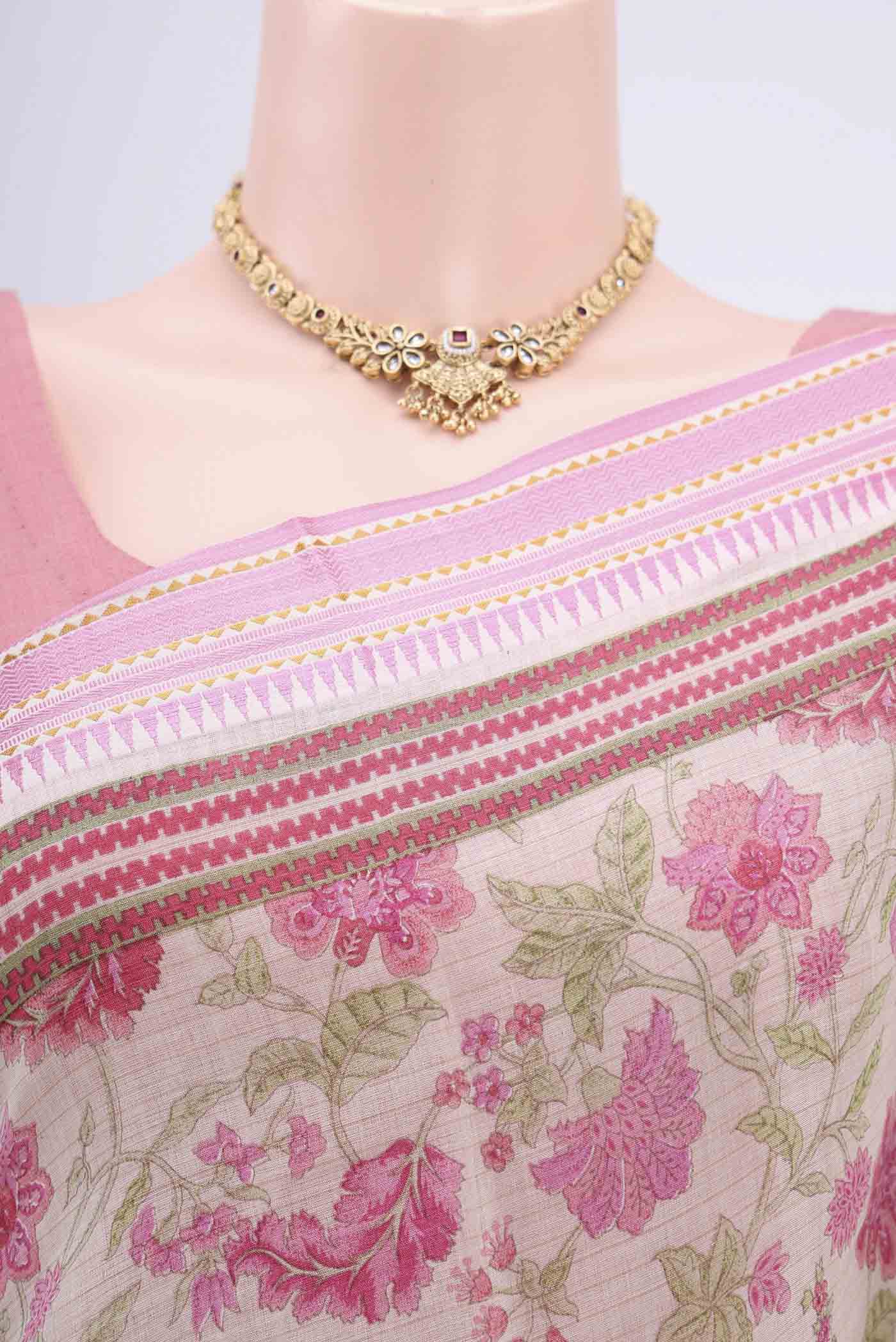 Border image of Beige Tussar Saree with Floral Print on the body and Thread Border. 