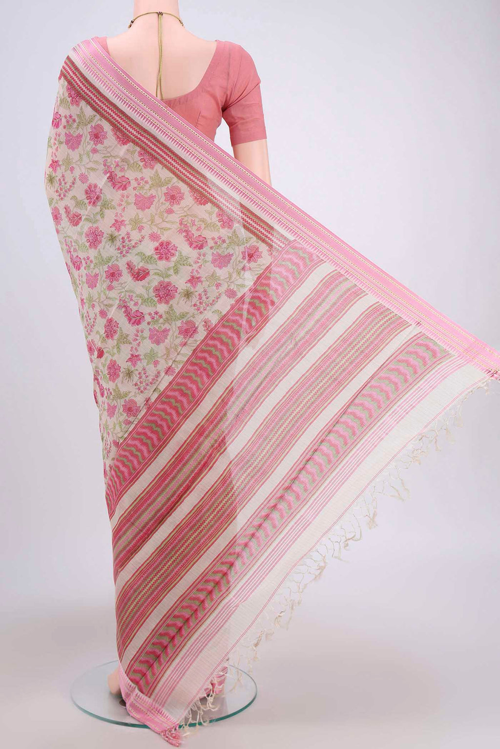 Flat view of Beige Tussar Saree with Floral Print on the body and Thread Border. 