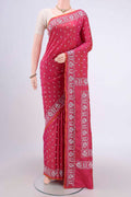 Dark Pink Kantha Silk Saree with Kantha Work on the body and Thread Border.  displayed on a mannequin