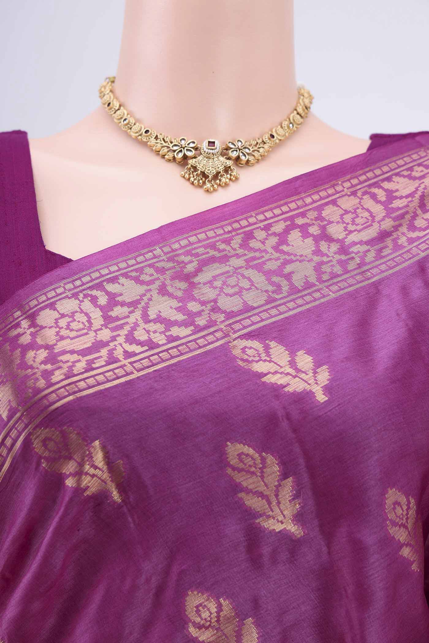 Border image of Purple Banarasi Tussar Silk Saree with Zari Butta on the body and Zari Border. 