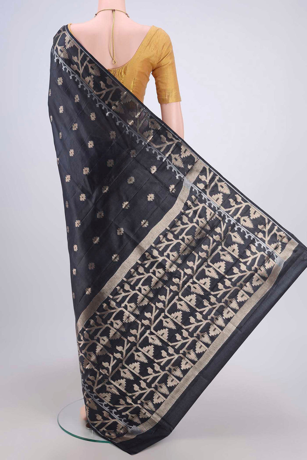 Flat view of Davys Grey Banarasi Tussar Silk Saree with Zari Butta on the body and Zari Border. 