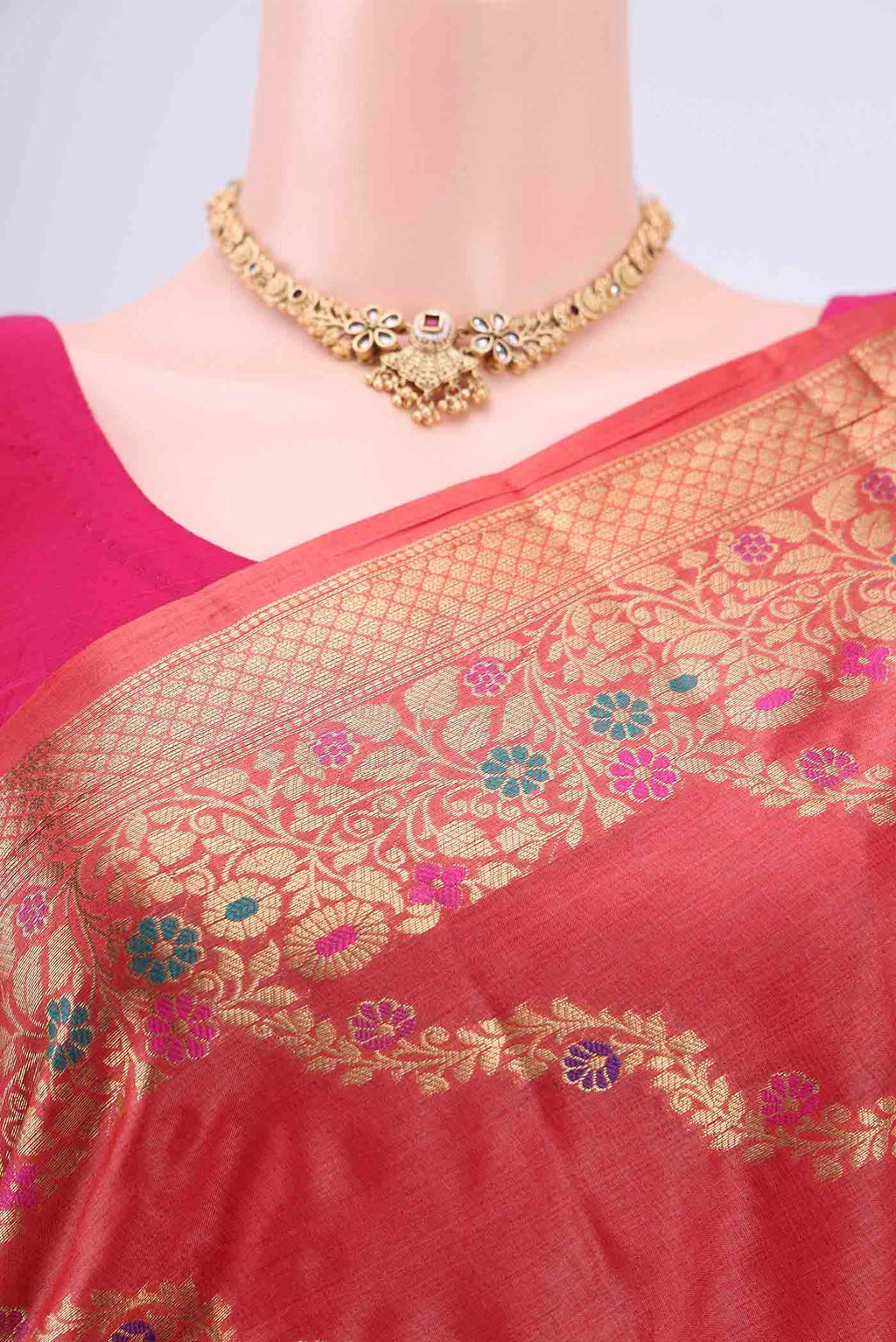 Border image of Rust Banarasi Tussar Silk Saree with Zari Brocade on the body and Zari And Thread Border. 