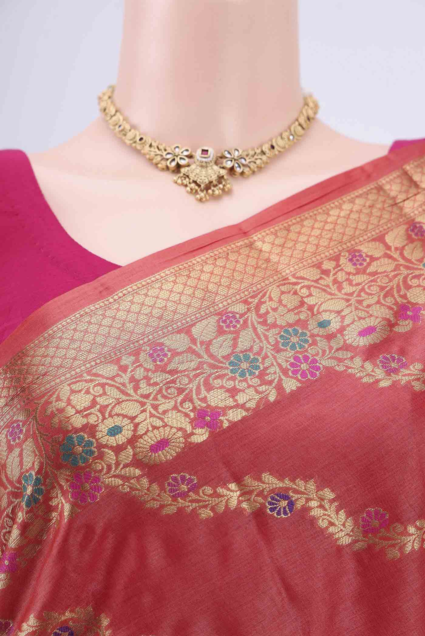 Border image of Rust Banarasi Tussar Silk Saree with Zari Brocade on the body and Zari And Thread Border. 