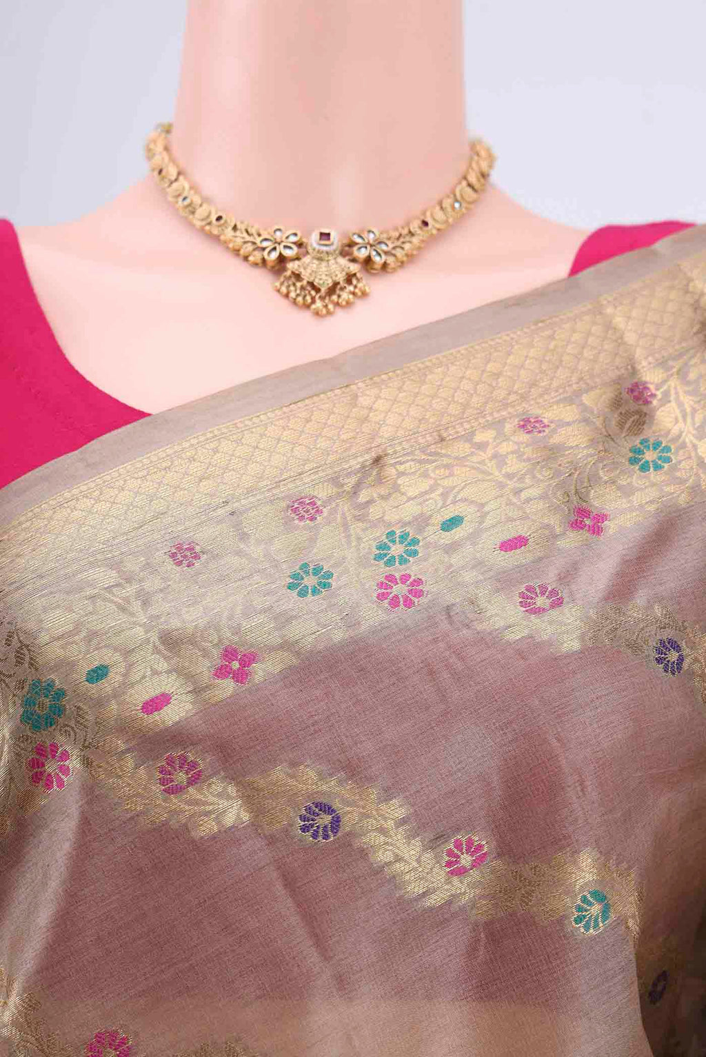 Border image of Dark Beige Banarasi Tussar Silk Saree with Zari Brocade on the body and Zari And Thread Border. 
